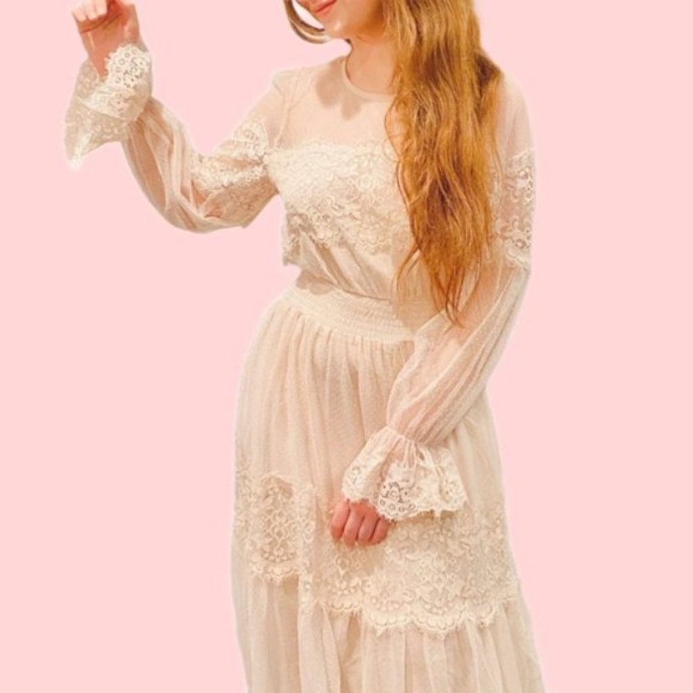 COPY - Boho Long Sleeve Lace Midi Ivory Dress